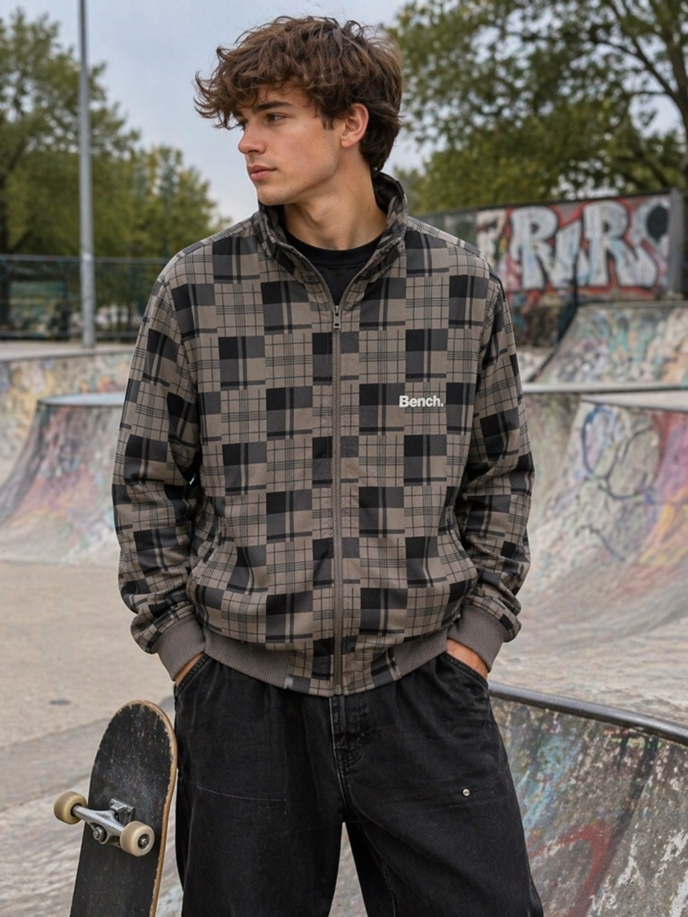 Bench Men's Black and Gray Patterned Lightweight Zip Up Jacket Spring Fall